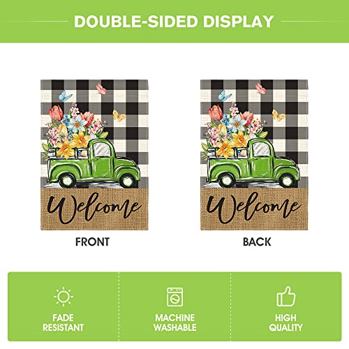 AVOIN colorlife Welcome Spring Floral Garden Flag 12x18 Inch Double Sided Outside, Buffalo Plaid Truck Flower Seasonal Yard Outdoor Flag