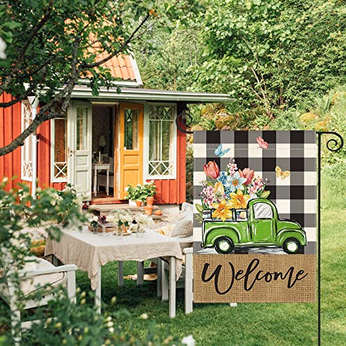 AVOIN colorlife Welcome Spring Floral Garden Flag 12x18 Inch Double Sided Outside, Buffalo Plaid Truck Flower Seasonal Yard Outdoor Flag