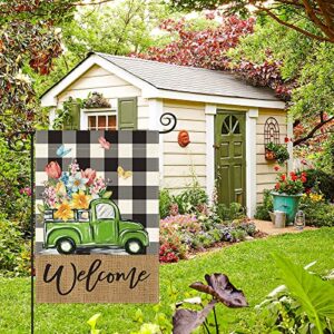 AVOIN colorlife Welcome Spring Floral Garden Flag 12x18 Inch Double Sided Outside, Buffalo Plaid Truck Flower Seasonal Yard Outdoor Flag