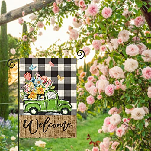 AVOIN colorlife Welcome Spring Floral Garden Flag 12x18 Inch Double Sided Outside, Buffalo Plaid Truck Flower Seasonal Yard Outdoor Flag