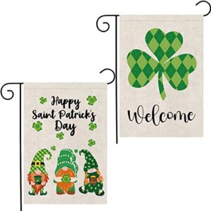 mocossmy st patrick’s day garden flags, 2 pcs 12.5 x 18 inch double sided irish gnome shamrock welcome garden flag burlap banner for st patrick’s day spring home outdoor yard lawn farmhouse decoration