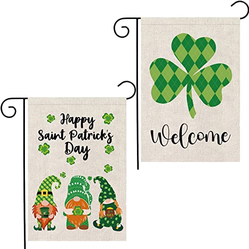 Mocossmy St Patrick's Day Garden Flags, 2 PCS 12.5 X 18 inch Double Sided Irish Gnome Shamrock Welcome Garden Flag Burlap Banner for St Patrick's Day Spring Home Outdoor Yard Lawn Farmhouse Decoration