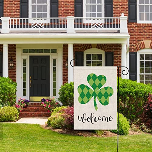 Mocossmy St Patrick's Day Garden Flags, 2 PCS 12.5 X 18 inch Double Sided Irish Gnome Shamrock Welcome Garden Flag Burlap Banner for St Patrick's Day Spring Home Outdoor Yard Lawn Farmhouse Decoration