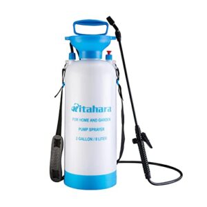 kitahara 2 gallon garden pump pressure sprayer with pressure relief valve, adjustable shoulder strap and nozzles, for yard lawn weeds plant water