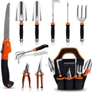 garden tool set,10 pcs stainless steel heavy duty gardening tool set with soft rubberized non-slip ergonomic handle storage tote bag,gardening tool set gift for women and men