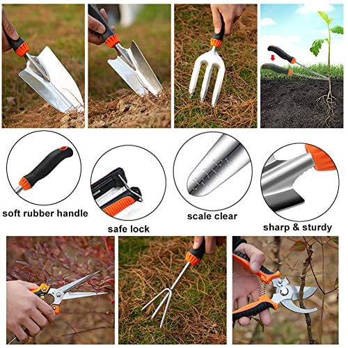 Garden Tool Set,10 PCS Stainless Steel Heavy Duty Gardening Tool Set with Soft Rubberized Non-Slip Ergonomic Handle Storage Tote Bag,Gardening Tool Set Gift for Women and Men