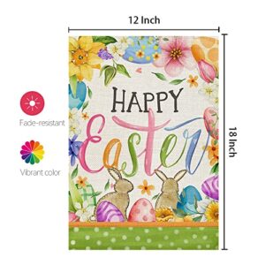 CROWNED BEAUTY Happy Easter Bunnies Garden Flag Floral 12x18 Inch Double Sided for Outside Burlap Small Holiday Yard Flag CF708-12