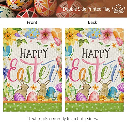 CROWNED BEAUTY Happy Easter Bunnies Garden Flag Floral 12x18 Inch Double Sided for Outside Burlap Small Holiday Yard Flag CF708-12