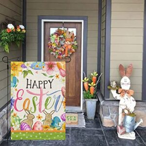 CROWNED BEAUTY Happy Easter Bunnies Garden Flag Floral 12x18 Inch Double Sided for Outside Burlap Small Holiday Yard Flag CF708-12