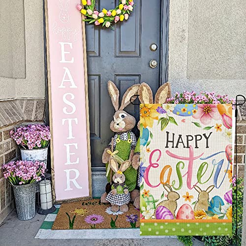 CROWNED BEAUTY Happy Easter Bunnies Garden Flag Floral 12x18 Inch Double Sided for Outside Burlap Small Holiday Yard Flag CF708-12