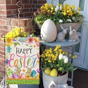 CROWNED BEAUTY Happy Easter Bunnies Garden Flag Floral 12x18 Inch Double Sided for Outside Burlap Small Holiday Yard Flag CF708-12