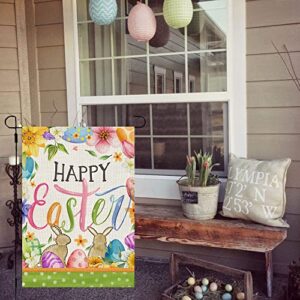 CROWNED BEAUTY Happy Easter Bunnies Garden Flag Floral 12x18 Inch Double Sided for Outside Burlap Small Holiday Yard Flag CF708-12