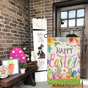 CROWNED BEAUTY Happy Easter Bunnies Garden Flag Floral 12x18 Inch Double Sided for Outside Burlap Small Holiday Yard Flag CF708-12