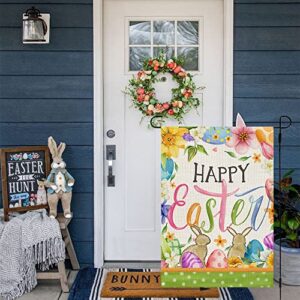 CROWNED BEAUTY Happy Easter Bunnies Garden Flag Floral 12x18 Inch Double Sided for Outside Burlap Small Holiday Yard Flag CF708-12