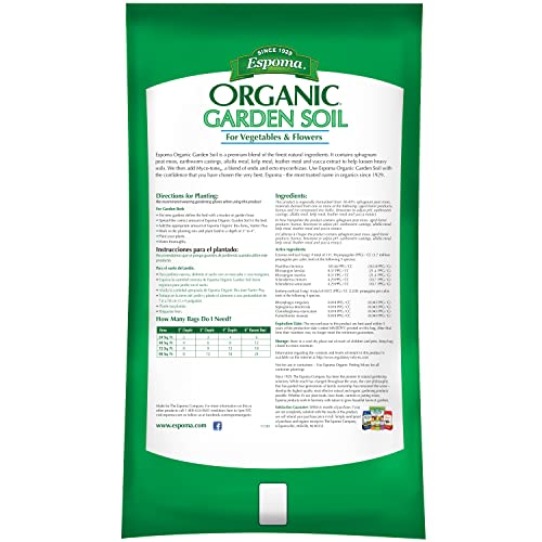 Espoma Organic Vegetable & Flower Garden Soil Natural and Organic in Ground Planting Mix. Use when Planting & Transplanting. For Organic Gardening. 1 Cubic Foot Bag