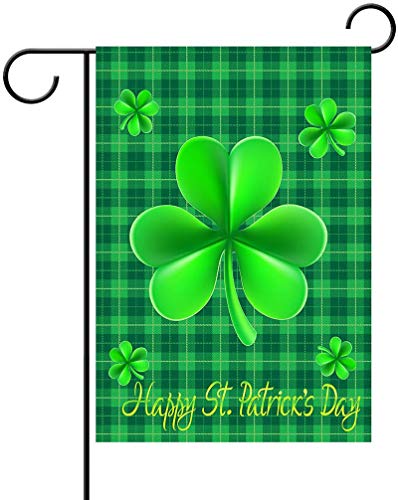 WENWELL Happy St Patricks Day House Garden Flags,Shamrock Buffalo Check Plaid Rustic Burlap Yard Sign Decorations,Spring Banners for Outdoor 12 x 18 Inch Double Sided (Green)