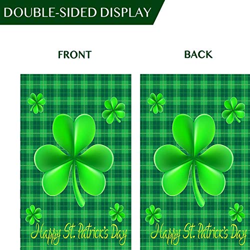 WENWELL Happy St Patricks Day House Garden Flags,Shamrock Buffalo Check Plaid Rustic Burlap Yard Sign Decorations,Spring Banners for Outdoor 12 x 18 Inch Double Sided (Green)