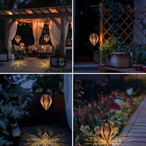 Solar Outdoor Lights Lanterns Waterproof - OxyLED 2 Pack Hanging Decorative Metal Lamps with Pattern for Outside Patio Tree Garden Yard Front Porch Backyard Pathway Christmas Decor Decorations Gifts