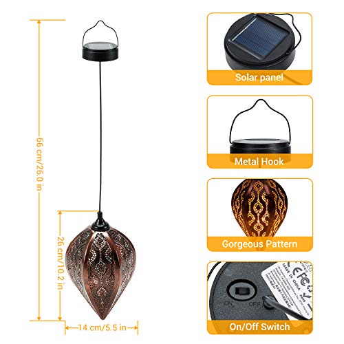 Solar Outdoor Lights Lanterns Waterproof - OxyLED 2 Pack Hanging Decorative Metal Lamps with Pattern for Outside Patio Tree Garden Yard Front Porch Backyard Pathway Christmas Decor Decorations Gifts