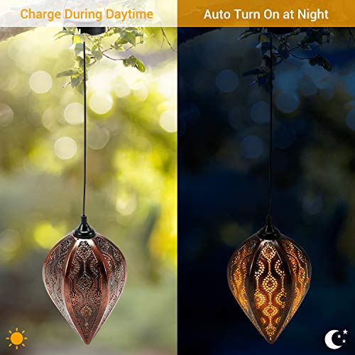 Solar Outdoor Lights Lanterns Waterproof - OxyLED 2 Pack Hanging Decorative Metal Lamps with Pattern for Outside Patio Tree Garden Yard Front Porch Backyard Pathway Christmas Decor Decorations Gifts