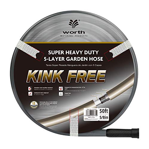 Worth Garden Long Garden Hose 5/8 in. x 50ft. NO KINK,HEAVY DUTY,Durable Water Hose with Solid Brass Hose Fittings, Swivel Grip,Male to Female Fittings,PVC Pipe,12 YEARS WARRANTY, grey，H055D04