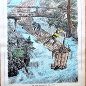 Antique Steel Engraving: Logs on River