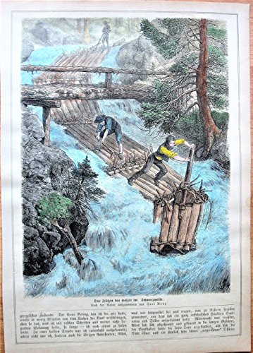 Antique Steel Engraving: Logs on River