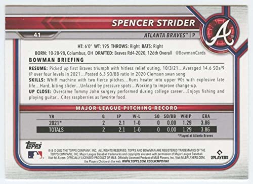 2022 Bowman #41 Spencer Strider RC - Rookie Card Atlanta Braves Baseball NM-MT