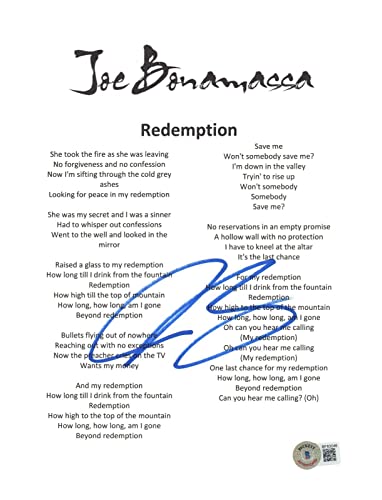 Joe Bonamassa Signed Autographed Redemption Song Lyric 8.5x11 Sheet Beckett COA