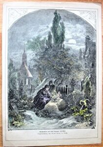 antique steel engraving: lighting candles on a grave