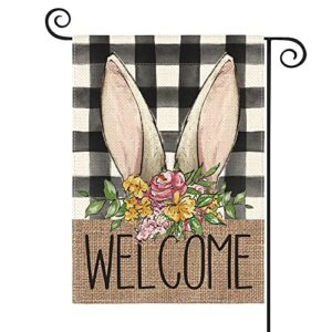 avoin colorlife easter bunny ear welcome garden flag 12×18 inch double sided outside, buffalo plaid floral rabbit pascha yard outdoor decoration