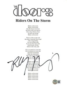 robby krieger signed the doors riders on the storm lyric page 8.5×11 beckett coa