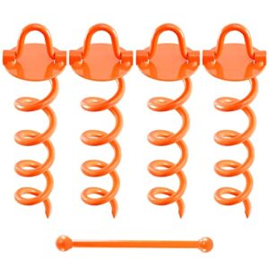 feed garden 10 inch spiral ground anchors kit heavy duty screw in earth anchors with crow bar, 4 pack folding ring shed anchor kit ground stakes for securing dogs,tents, canopies, swing sets,orange
