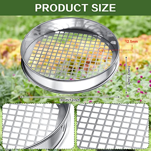 Youyole 11.81 Inch Sand Sifter Sieve for Gardening Garden Dirt Rocks Stainless Steel Soil Riddle Mesh Filter Compost Screen 12.5 mm in Hole Size Bonsai Tool, silver