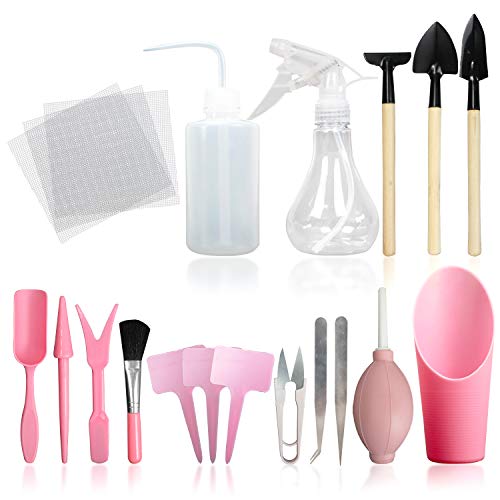 KALIM 16Pcs Succulent Plant Tools, Mini Planting/Transplanting Gardening Tool Set for Indoor Miniature Garden Plant Care(Pink)