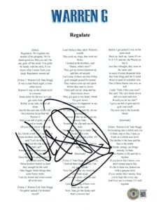 warren g signed autographed regulate 8.5×11 song lyric sheet rapper beckett coa