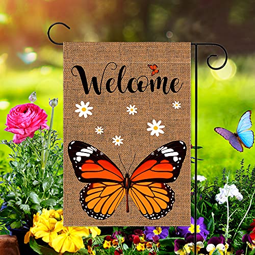 YMYIELD Welcome Monarch Butterfly Garden Flag Butterfly lovers Burlap Vertical Double Sided Yard Flags, Keep Flying if You Have Wings Outdoor Indoor Lawn Home for Personalized Decor 12.5x18 Inch