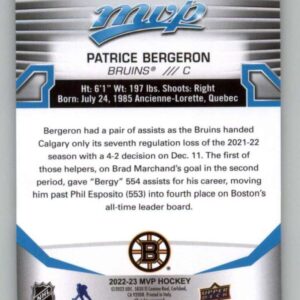 2022-23 Upper Deck MVP #109 Patrice Bergeron Boston Bruins NHL Hockey Trading Card