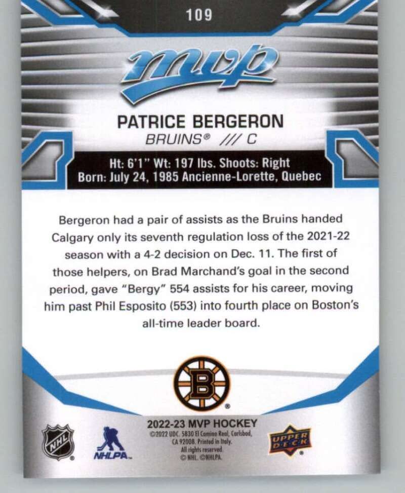 2022-23 Upper Deck MVP #109 Patrice Bergeron Boston Bruins NHL Hockey Trading Card