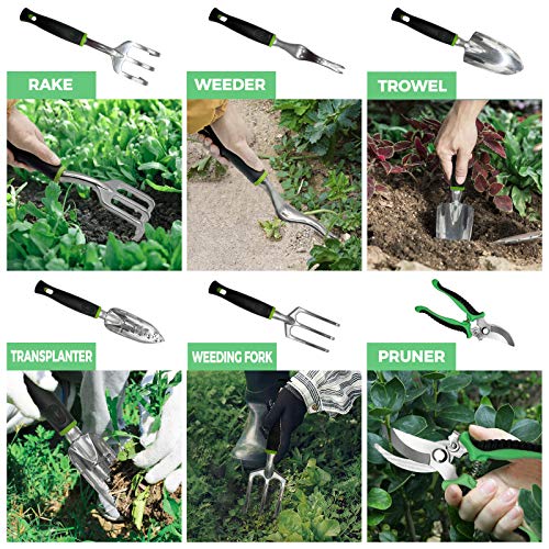 Tenozek Gardening Tool Set 11 PCS Heavy Duty Aluminum Garden Supplies Kit Gardening Gifts Basket for Women Men Gardener Beginners Garden Hand Implements with Non-Slip Rubber Handle Storage Tote Bag