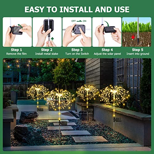 E-Kong Outdoor Solar Garden Lights 4 Pack, Upgraded 125 LEDs Outdoor Lights for Patio, Solar Fireworks Light with 2 Modes, IP65 Waterproof, Solar Pathway Lights for Yard, Garden, Walkway (Warm White)