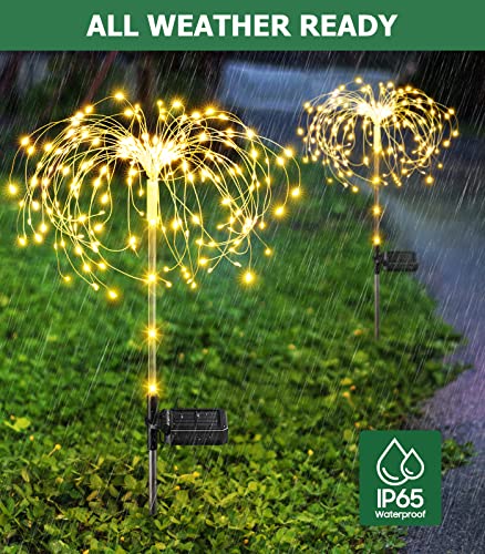 E-Kong Outdoor Solar Garden Lights 4 Pack, Upgraded 125 LEDs Outdoor Lights for Patio, Solar Fireworks Light with 2 Modes, IP65 Waterproof, Solar Pathway Lights for Yard, Garden, Walkway (Warm White)