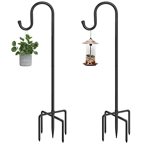 Outdoor Shepherds Hook with 5 Prong Bases, Black, 2 Packs, 48 inches Tall, Garden Hanging Stake for Bird Feeder, Solar Light, Plant Hanger, Wedding Decor, Metal Hanger Hooks