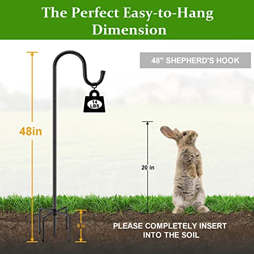 Outdoor Shepherds Hook with 5 Prong Bases, Black, 2 Packs, 48 inches Tall, Garden Hanging Stake for Bird Feeder, Solar Light, Plant Hanger, Wedding Decor, Metal Hanger Hooks