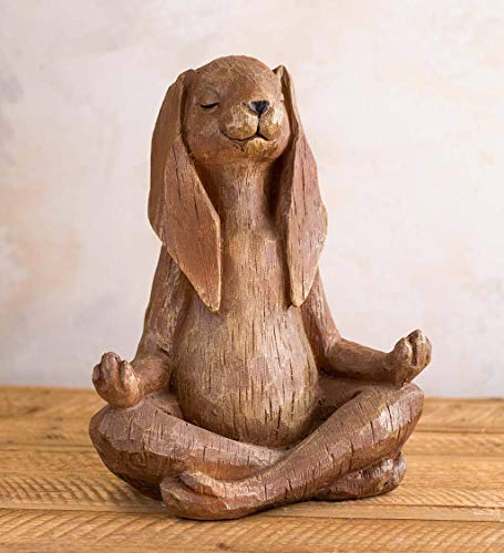 Wind & Weather Indoor/Outdoor Long-Eared Rabbit Garden Statue in Cross-Legged Meditating Yoga Pose Cast in Resin Designed to Look Like Hand-Carved Wood, 11½"L x 7" W x 14¼"H