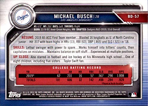 2019 Bowman Draft Baseball #BD-57 Michael Busch Los Angeles Dodgers Official MLB Trading Card produced by Topps