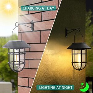 Upgrade Solar Outdoor Lights, Hanging Wireless Solar Lantern, Waterproof Solar Lights with Wall Mount Kit for Garden Patio Porch Fence Decor 2 Pack