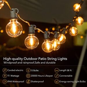 Brightown Outdoor String Lights 38FT(30+8) - LED String Lights G40 Globe Patio Lights Energy Saving with 15 LED Bulbs, Shatterproof Hanging Outdoor Lights for Christmas Outside Garden Backyard Cafe