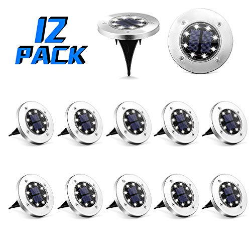 SOLPEX 12 Pack Solar Ground Lights, 8 LED Solar Powered Disk Lights Outdoor Waterproof Garden Landscape Lighting for Yard Deck Lawn Patio Pathway Walkway (White)