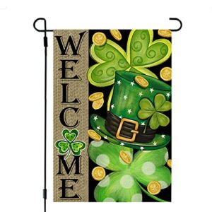 CROWNED BEAUTY St Patricks Day Garden Flag 12x18 Inch Double Sided for Outside Small Burlap Shamrocks Clovers Green Hat Gold Coin Lucky Welcome Yard Holiday Decoration CF726-12